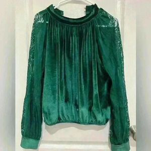 Choklate Velvet High Neck top green holiday party small blouse